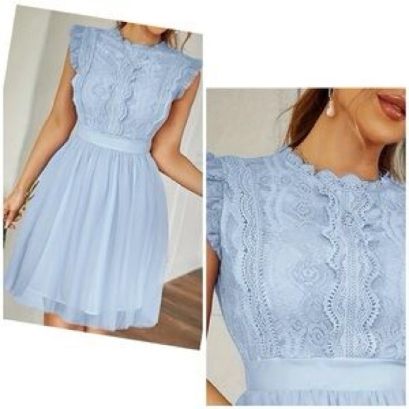 simplee Dresses & Skirts - Simplee light blue sleeveless dress sheer lace bodice layered tulle skirt S/M